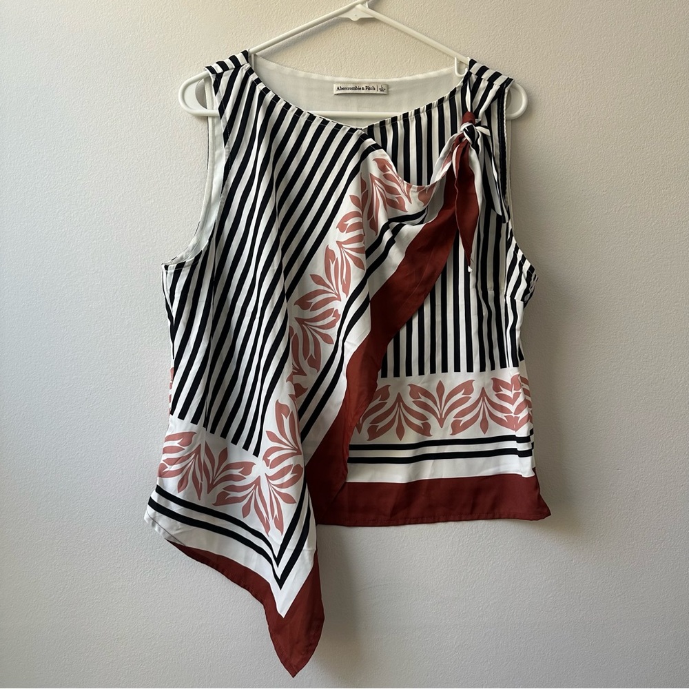 Abercrombie & Fitch Knotted Scarf Top Brown Pattern | Size L Satin Asymmetrical
